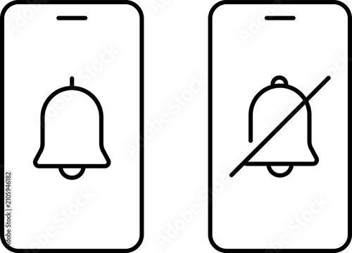 Smartphone notification icons. Mobile phone alert and silent mode interface symbols.