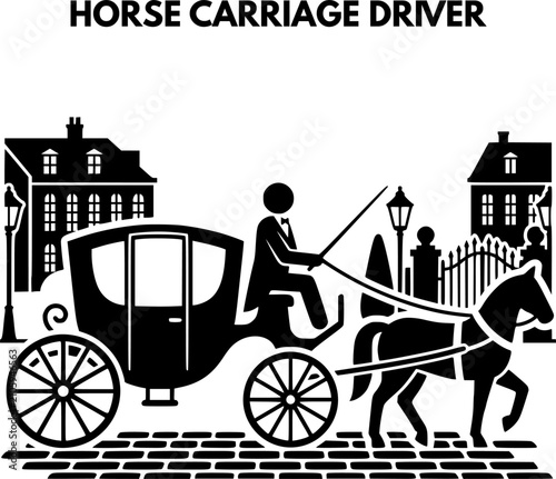 Obraz na plátně Vintage Horse Carriage Driver Riding Elegant Coach on Cobblestone Street Vector