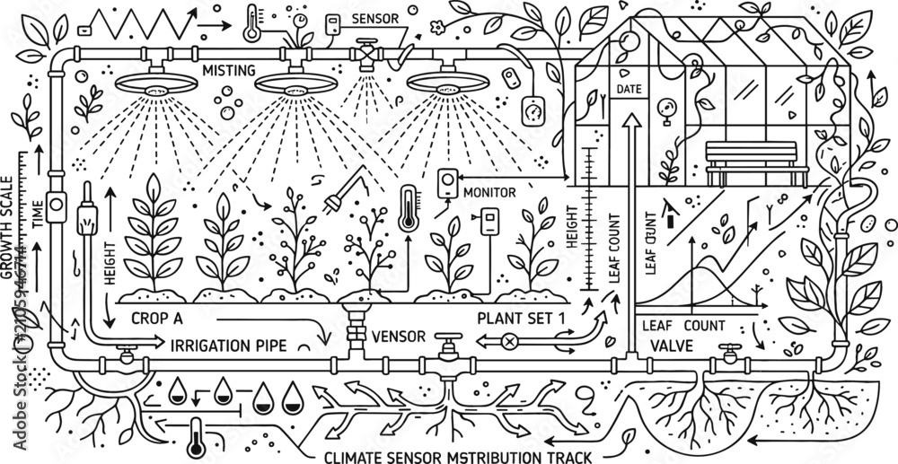 Fototapeta premium Smart Farming Irrigation Icon Set with Crop Sensor, Greenhouse, Growth Chart, and Climate Monitoring System Illustration