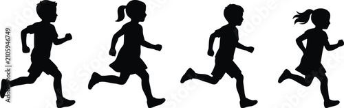 Canvastavla Children running silhouette set featuring boys, girls, sprinting, jogging, activ