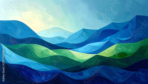 Pixelated landscape of rolling blue and green hills under a gradient sky, abstract mountain range with a digital art style