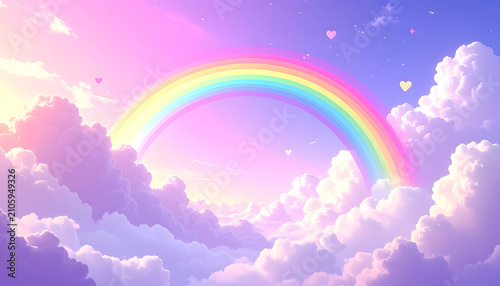 Pixelated rainbow arching across a soft pastel sky with fluffy clouds, dreamlike fantasy, hopeful atmosphere