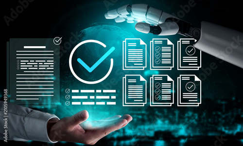 Obraz na plátne A conceptual image depicting a robot and human working together to verify documents in a digital space, highlighting innovation and collaboration in technology-driven environments