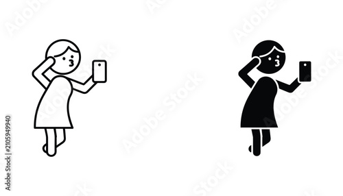 Obraz na płótnie Girl taking selfie vector icon isolated on white Black and white outline line ar