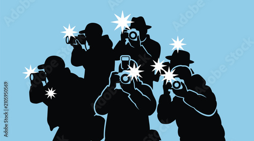 Bold black silhouette illustration of several paparazzi photographers capturing bright camera flashes against blue background