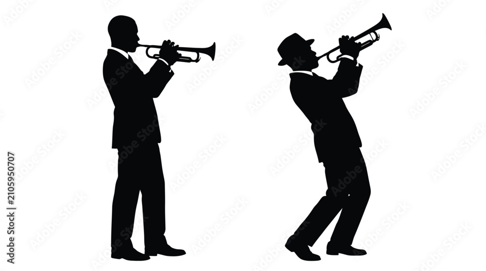 Obraz premium Two jazz musicians in suits play golden brass trumpets with intense focus and rhythmic artistic energy