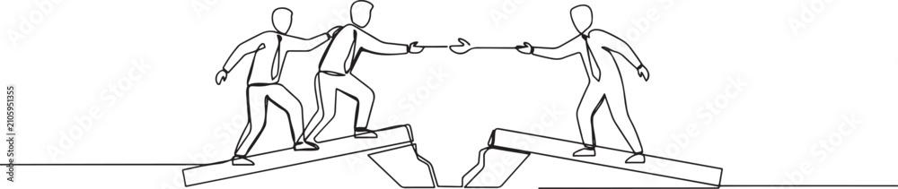 Obraz premium Continuous One Line Drawing of Business People Crossing Bridge Gap with Helping Hand Support Concept. one line art icon drawing