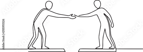 Continuous One Line Drawing of Business People Crossing Bridge Gap with Helping Hand Support Concept. one line art icon drawing
