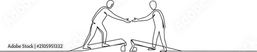Continuous One Line Drawing of Business People Crossing Bridge Gap with Helping Hand Support Concept. one line art icon drawing