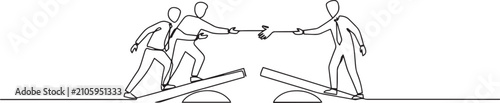Continuous One Line Drawing of Business People Crossing Bridge Gap with Helping Hand Support Concept. one line art icon drawing