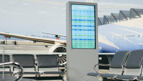 Modern airport terminal hall with empty walkway and seating area, large windows facing runway, while flight information screen shows boarding and delay details in commercial building.