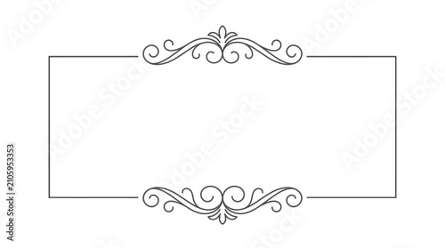 Elegant decorative rectangular frame with ornate swirl accents at the top and bottom, perfect for invitations or certificates.