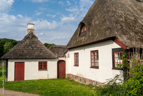 Cuadro en lienzo Traditionelles dänisches Bauernhaus mit Reetdach unter blauem Himme
