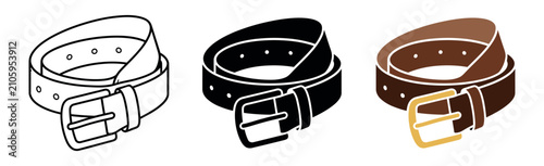 Leather belt icon set with buckle in outline, glyph, and flat color styles