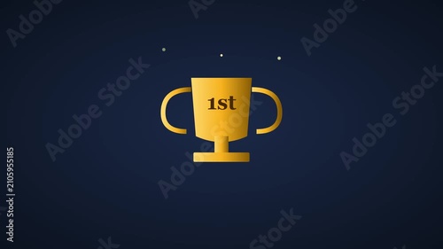 Gold 1st place winner trophy animation with sparkles on dark 4k background