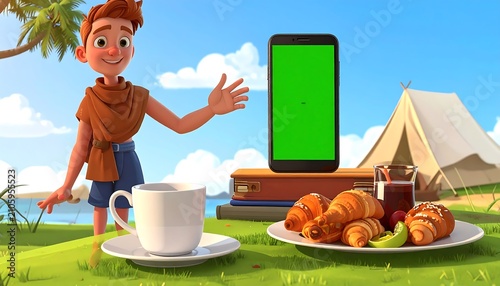 Happy boy enjoying outdoor breakfast picnic.