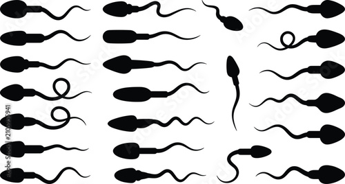 Quadro su tela Collection of black sperm cell silhouettes for biology reproductive health and f