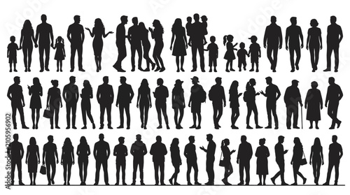 Diverse collection of people silhouettes standing in various poses and groups.