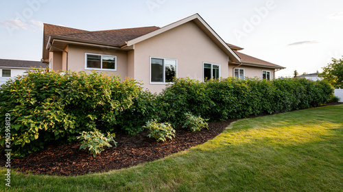 Residential house exterior showing green landscaping with manicured bushes and a freshly cut lawn on a sunny day, highlighting suburban living and property care