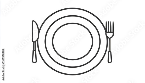 Table setting with plate, fork and knife, simple line drawing for restaurant and food service concepts