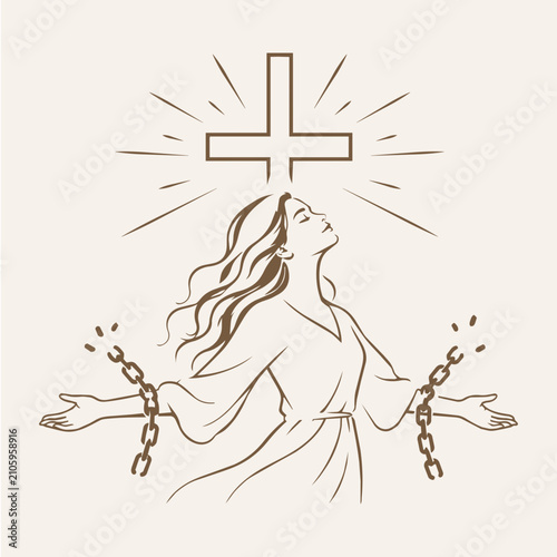 Tableau sur toile Broken Chains Christian Faith Logo with Worshiping Woman logo, symbol, vector