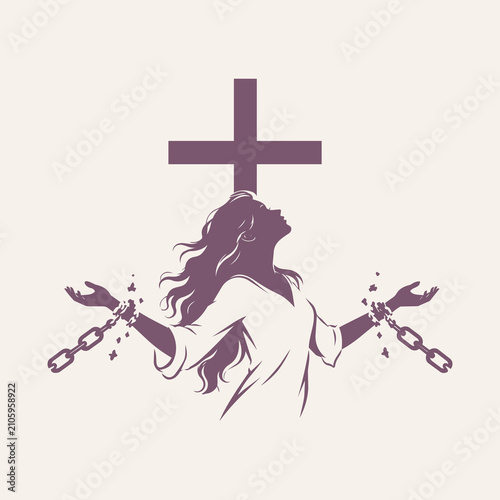 Fotografie Christian Woman Worshiping Beneath the Cross with Broken Chains logo, symbol, ve