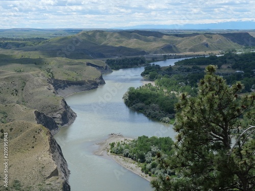 Meandering Yellowstone River viewed from Four Dances Trail in Billings, Montana