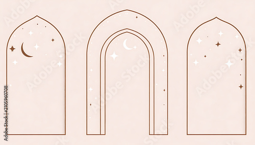 Three arched doorways with celestial elements, pixel art style, soft pastel background, night sky motifs