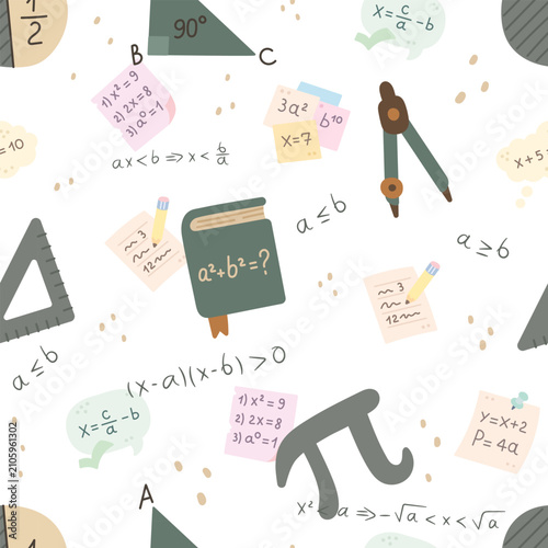 Mathematics school seamless pattern set featuring formula compass triangle function equation textbook angle degree pi fraction root ruler geometry pencil