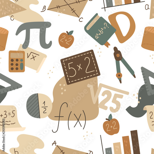 Mathematics school seamless pattern set featuring pi calculator fraction compass function equation root textbook apple multiplication graph histogram triangle ruler