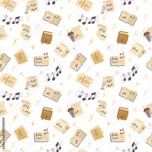 Music note seamless pattern set featuring sheet book notebook takeaway cup song treble clef sound sparkle heart star score wave