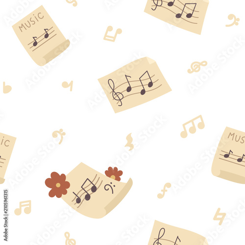 Music note seamless pattern set featuring sheet song treble clef staff quaver semibreve flower scroll line notation paper melody symbol