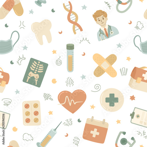 Medicine health care seamless pattern set featuring bandage syringe doctor stethoscope tooth heart cardiogram test tube bag blister x ray
