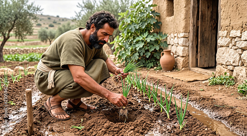 Judean farmer in ancient tunic transplanting green onion seedlings into moist irrigated clay soil. Biblical agriculture scene with a traditional stone house, clay jar and fig tree in background