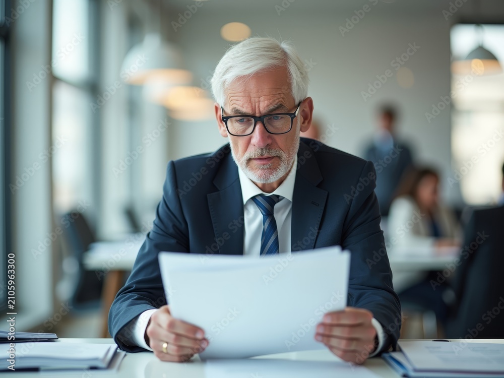 Fototapeta premium Senior businessman in glasses intently reading documents at his office desk
