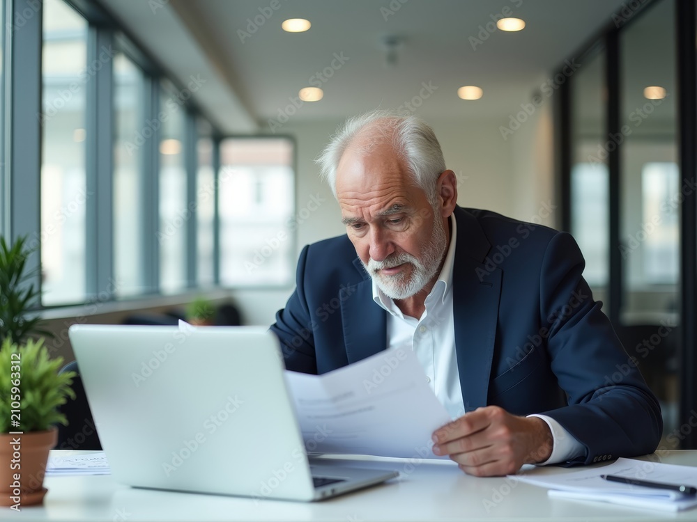 Fototapeta premium Experienced businessman reviewing documents at his desk with a laptop