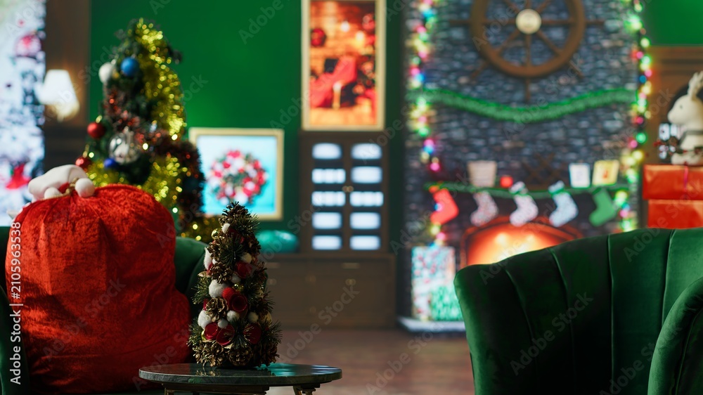Fototapeta premium An empty room is decorated with a Christmas tree, lights and ornaments for the winter holiday season inside a Santa Claus workshop adorned with stockings and festive decorations.