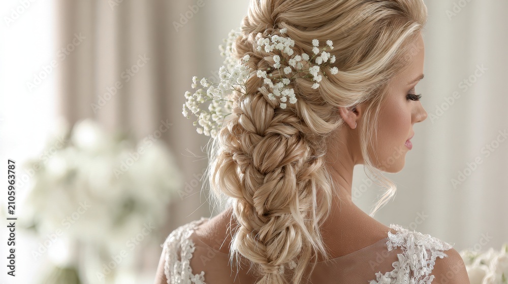 Fototapeta premium Elegant bridal hairstyle blonde braids with babys breath flowers and a lace wedding dress