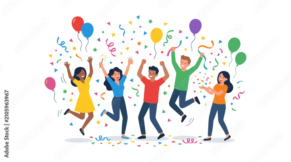 Fototapeta premium Diverse group of happy people celebrating with confetti and balloons in a festive atmosphere