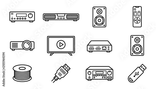 Electronic and multimedia devices icon set with outline style digital device electronics multimedia technology equipment illustration projector