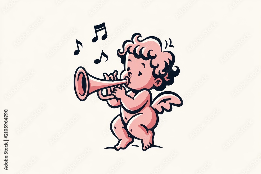 Fototapeta premium Cute cupid angel character playing a trumpet, whimsical cartoon illustration of a cherub with wings, musical notes floating in the air, isolated on white background