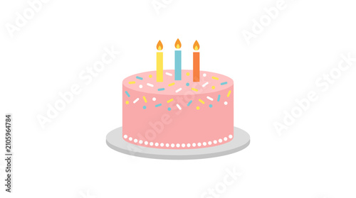 Pink birthday cake with three lit candles and colorful sprinkles on a white background