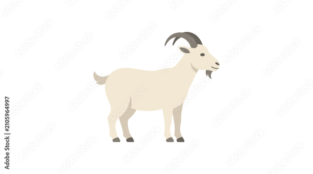 Fototapeta premium A simple flat illustration of a white goat with curved horns and a beard standing on a white background