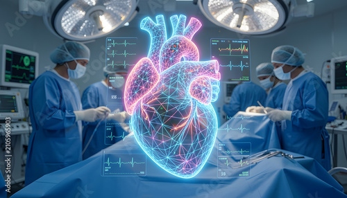 Futuristic digital overlay of a glowing wireframe human heart with vital sign telemetry and medical monitoring screens in a high-tech operating room, with surgeons and clinical staff softly blurred, 1