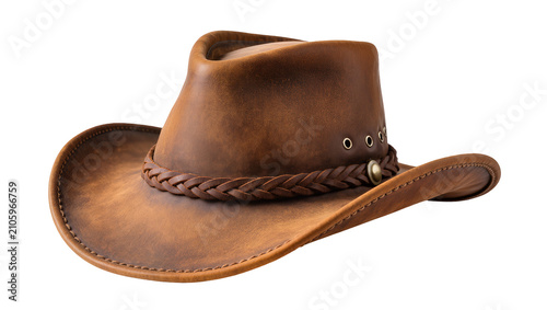 Fotografía Isolated rustic brown leather cowboy hat with intricate braided band and brass hardware details