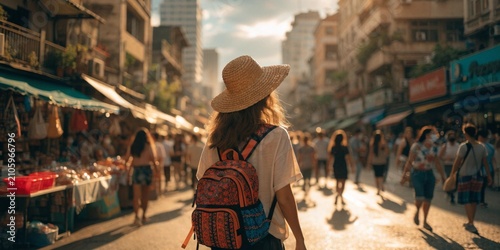 Young Female Traveler Exploring a Vibrant City Street with Backpack