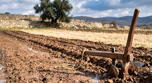 Ancient wooden ard plow resting in wet clay furrows of a dark ploughed field. Traditional biblical agriculture scene with an olive tree, stone wall and distant hills under a cloudy sky