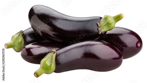 Isolated fresh dark purple eggplants piled together, ready for cooking, healthy organic produce