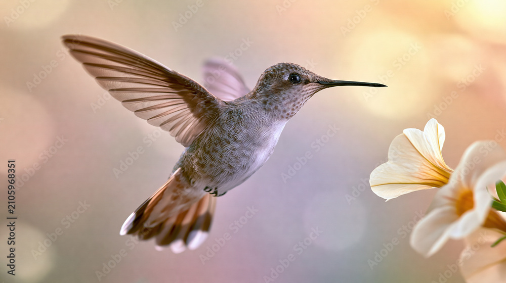 Fototapeta premium Hummingbird Hovering Near White Flower