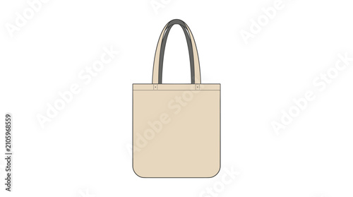 Simple beige canvas tote bag with grey handles isolated on white background